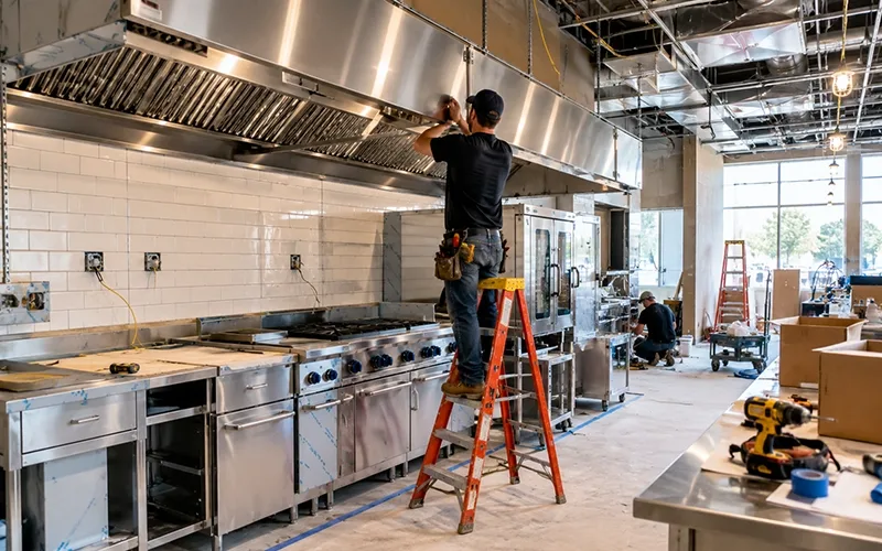 Traditional restaurant buildout — contractor on a ladder installing an exhaust hood in an unfinished commercial kitchen