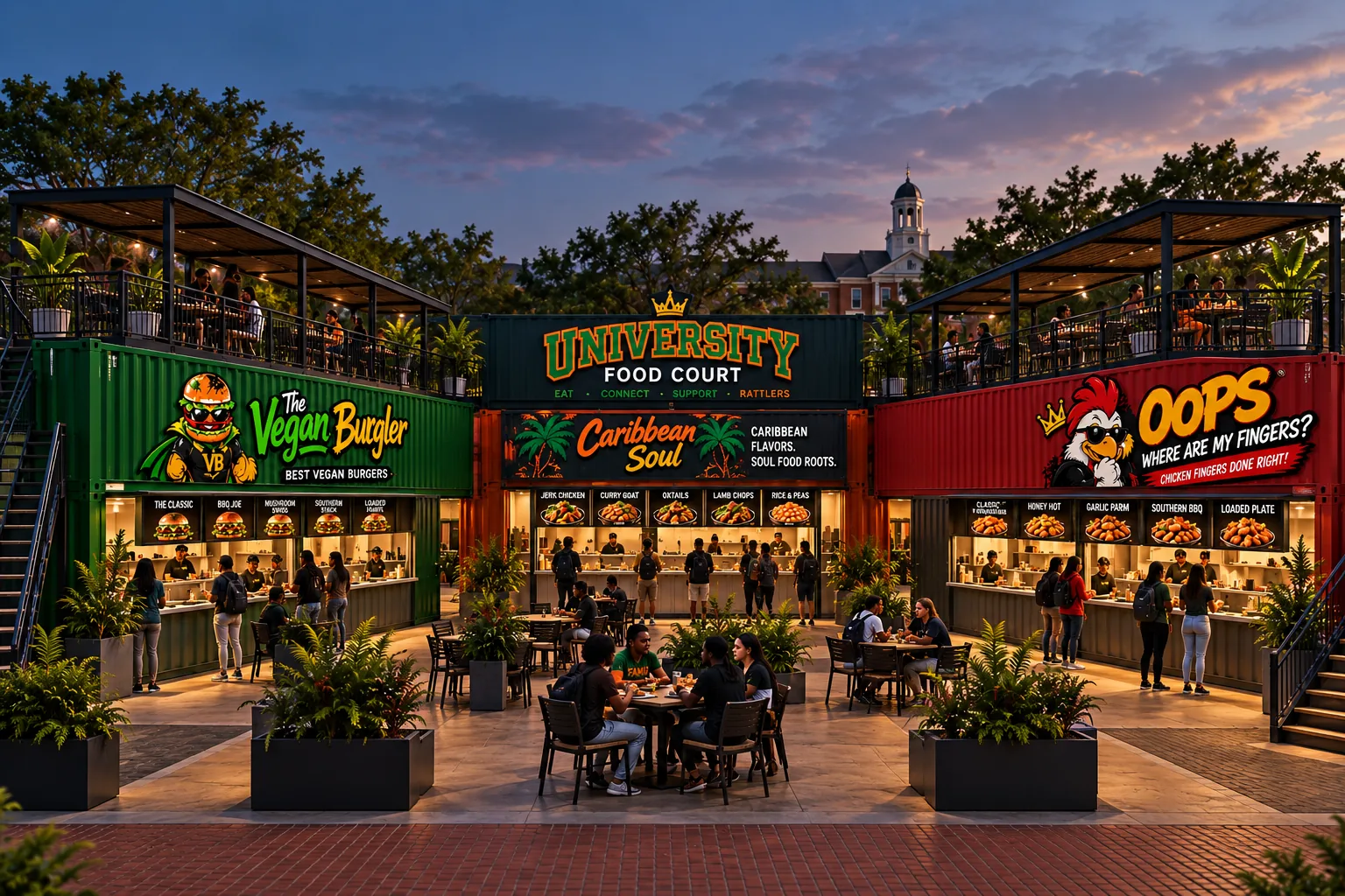 A bustling container food court built with PadSite-style kitchens at dusk