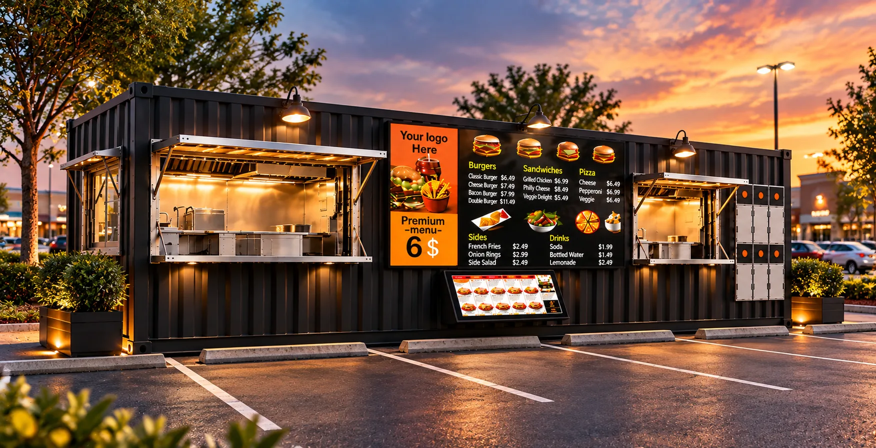 A PadSite kitchen operating at dusk in a metro Atlanta parking lot