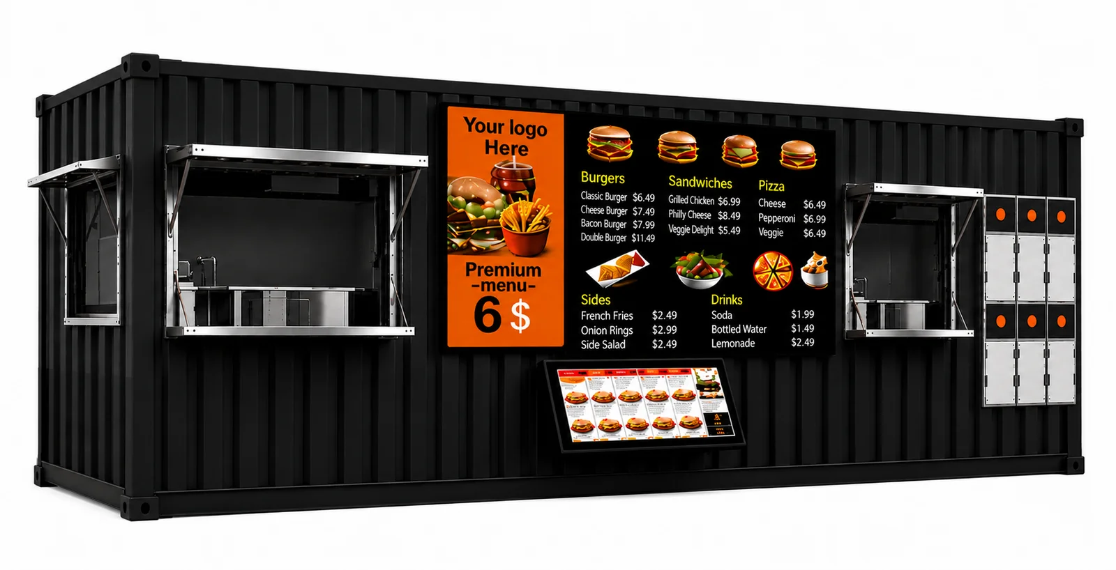 PadSite base unit exterior in charcoal black with serving windows and digital menu boards ready for your branding