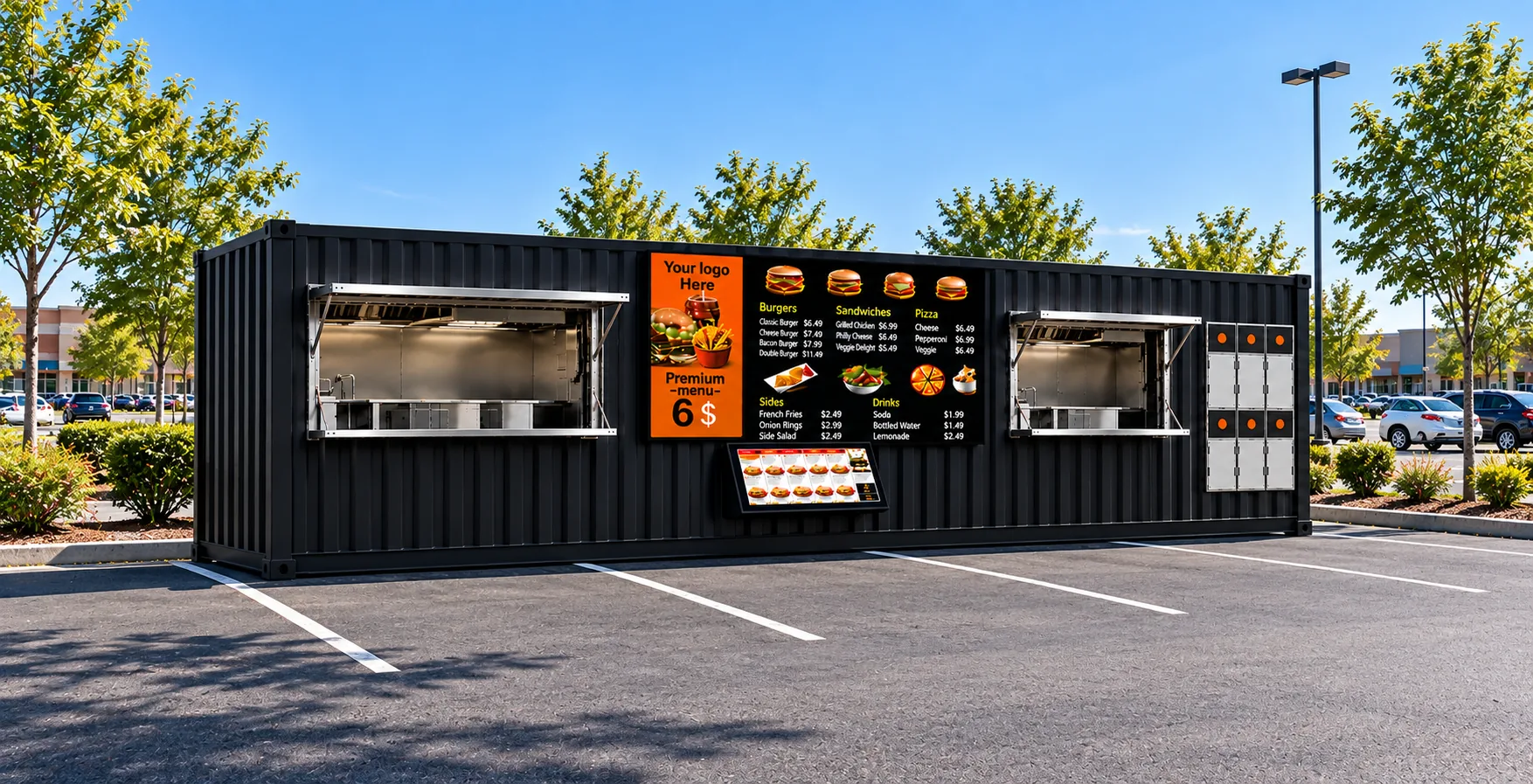 A 40-foot PadSite kitchen with menu boards deployed in a parking lot